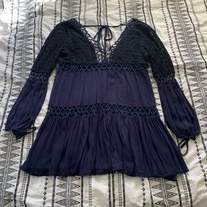 Vintage Havana | Navy Lace Boho Babydoll Tunic Top Size Medium